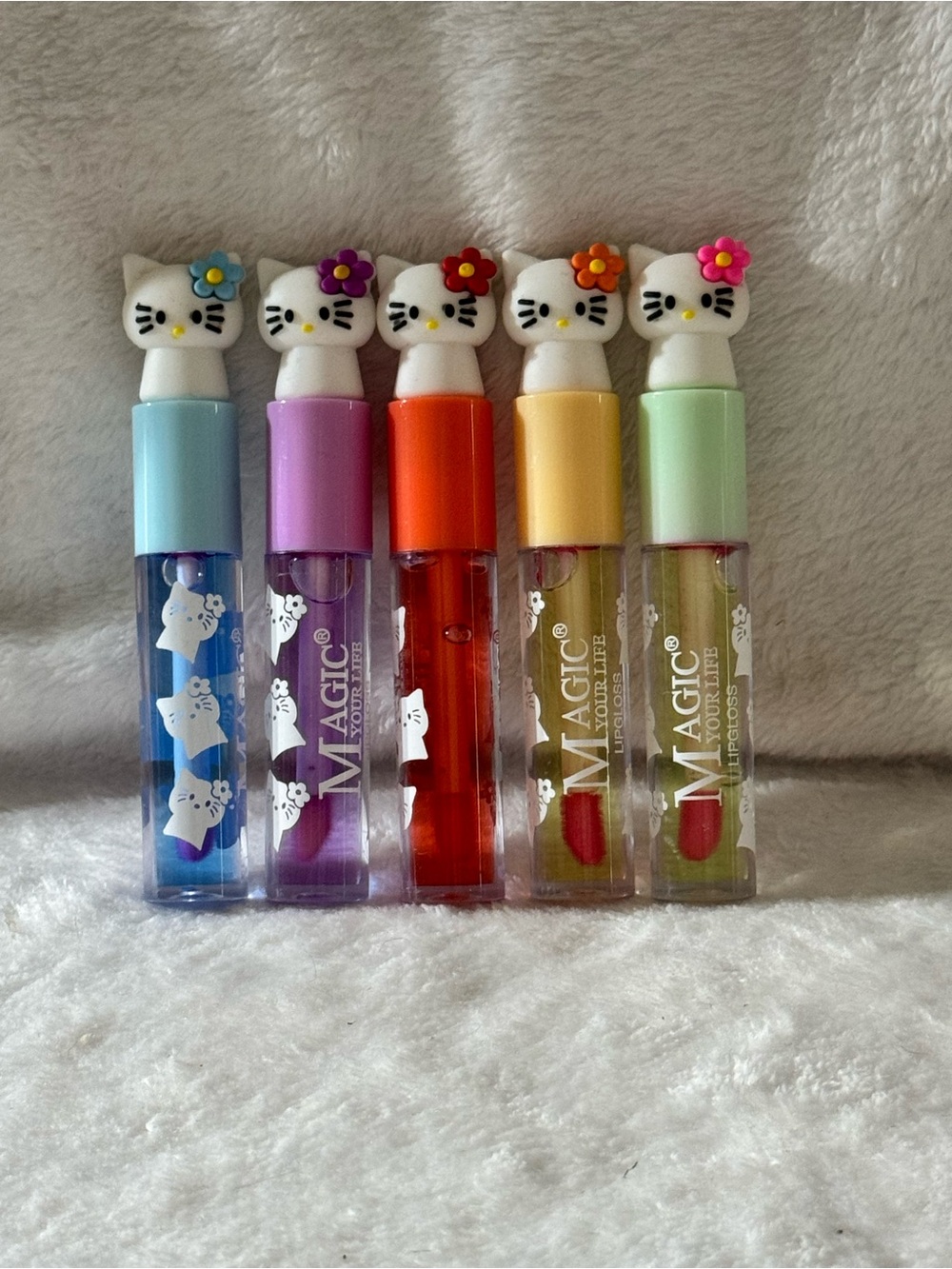 Cute Cat-Top Lip Gloss Set in Blue, Purple, Red, Yellow, Green